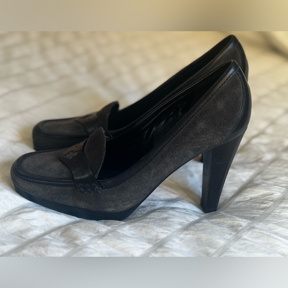 Patrick Cox heeled loafer fall business suede Classic chic wooden heel gray 36/6